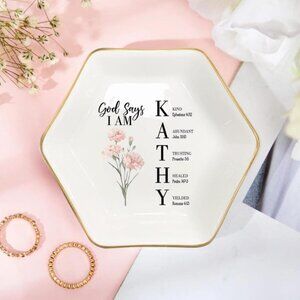 God Says I Am Name Jewelry Ring Dish, Bible Toile De Jouy Style Trinket Dish